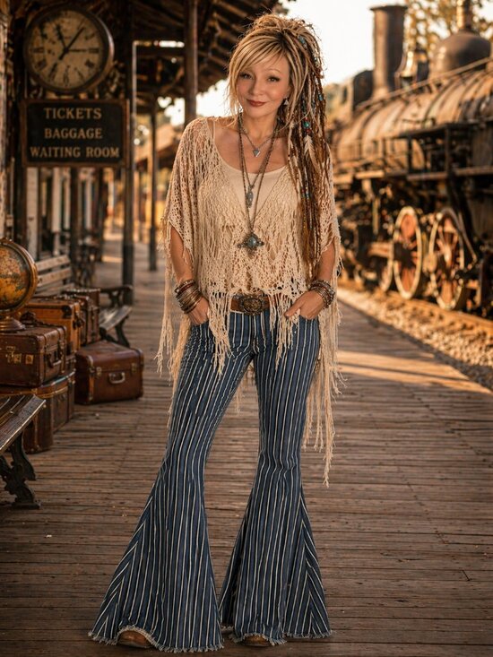 Lucky & Blessed Navy and White Striped Flare Pants - Picture 2 of 5